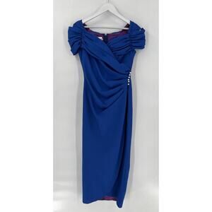 Vintage Dress Womens 7-8 Blue Maxi Ruffles Pearl Buttons Ruched Cocktail Gown